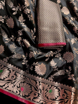 Statement Handmade Black Color Semi Katan Banarasi Silk Saree - Kaash