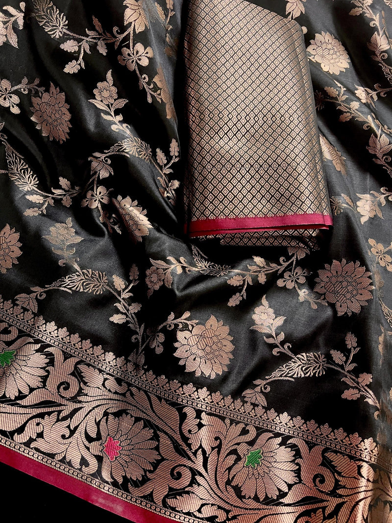 Statement Handmade Black Color Semi Katan Banarasi Silk Saree - Kaash