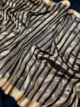 Black Striped Banarasi Tissue saree in banarasi soft satin tissue silk with stripes in gold & platinum zari — Kaash Collection