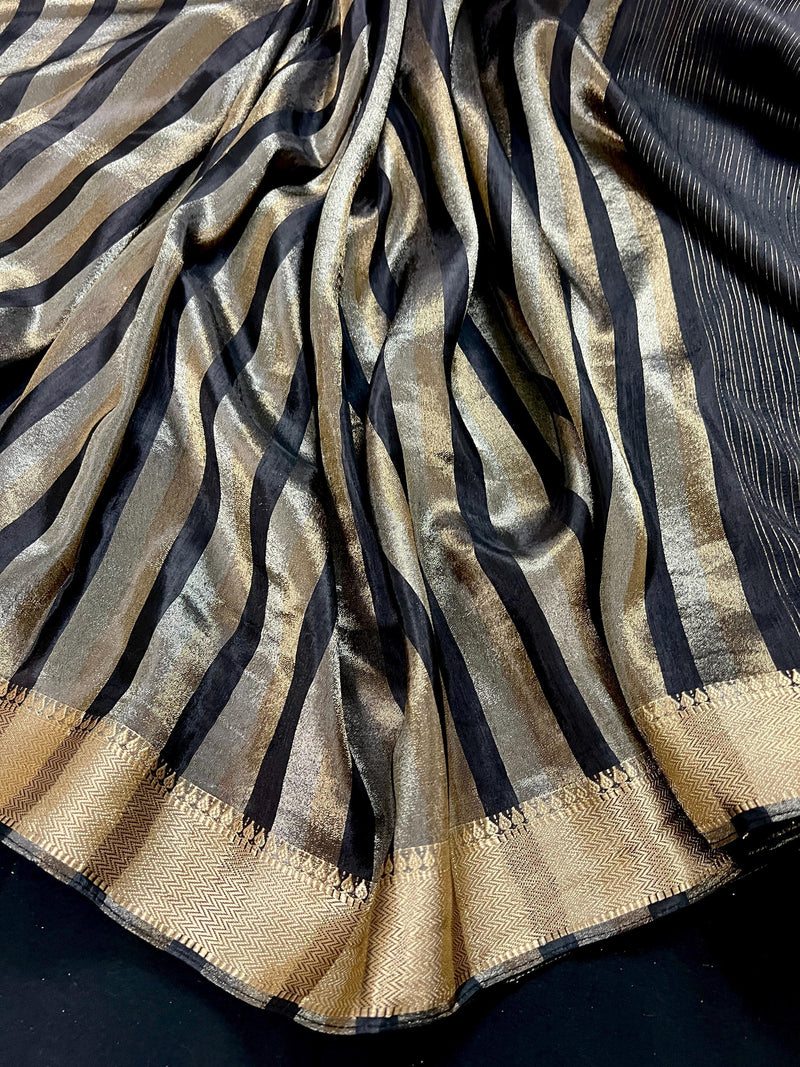 Statement Handmade Black Color Striped Banarasi Satin Tissue Silk Saree - Kaash