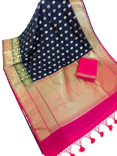 Statement Handmade Blue Color Banarasi Soft Silk Handloom Saree with Green and Pink Border and Pallu - Kaash