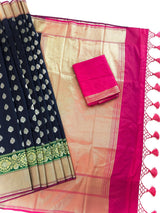Statement Handmade Blue Color Banarasi Soft Silk Handloom Saree with Green and Pink Border and Pallu - Kaash