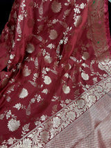 Brick Red Banarasi saree in banarasi semi katan silk with jaal weave with meenakari — Kaash Collection