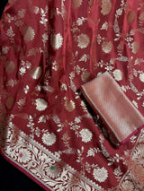 Brick Red Banarasi saree in banarasi semi katan silk with jaal weave with meenakari — Kaash Collection