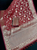 Brick Red Banarasi saree in banarasi semi katan silk with jaal weave with meenakari — Kaash Collection