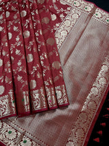 Brick Red Banarasi saree in banarasi semi katan silk with jaal weave with meenakari — Kaash Collection