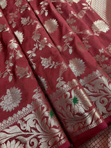 Statement Handmade Brick Red Color Semi Katan Banarasi Silk Saree - Kaash
