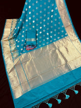 Bright Firozi (Turquoise) Banarasi saree in handloom banarasi saree with silver & gold buttis with wide border — Kaash Collection