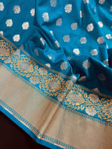 Bright Firozi (Turquoise) Banarasi saree in handloom banarasi saree with silver & gold buttis with wide border — Kaash Collection