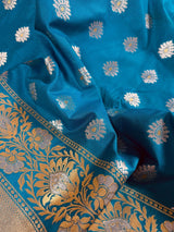 Bright Firozi (Turquoise) Banarasi saree in handloom banarasi saree with silver & gold buttis with wide border — Kaash Collection