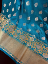Bright Firozi (Turquoise) Banarasi saree in handloom banarasi saree with silver & gold buttis with wide border — Kaash Collection