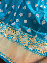 Bright Firozi (Turquoise) Banarasi saree in handloom banarasi saree with silver & gold buttis with wide border — Kaash Collection