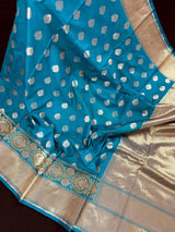 Bright Firozi (Turquoise) Banarasi saree in handloom banarasi saree with silver & gold buttis with wide border — Kaash Collection