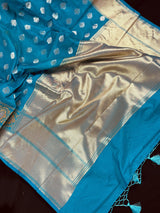 Bright Firozi (Turquoise) Banarasi saree in handloom banarasi saree with silver & gold buttis with wide border — Kaash Collection