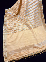 Statement Handmade Champagne Color Striped Banarasi Satin Tissue Silk Saree - Kaash