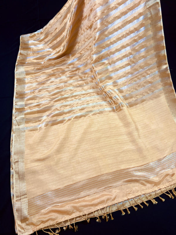 Statement Handmade Champagne Color Striped Banarasi Satin Tissue Silk Saree - Kaash