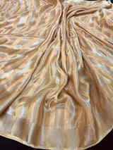 Statement Handmade Champagne Color Striped Banarasi Satin Tissue Silk Saree - Kaash