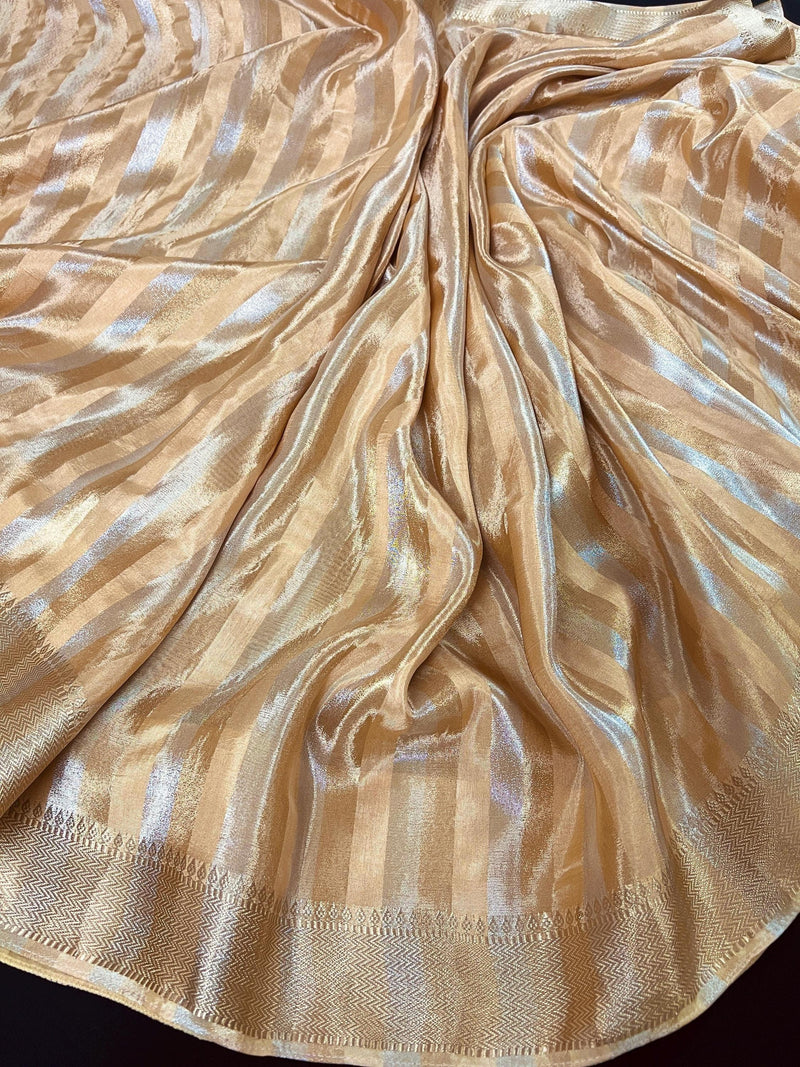 Statement Handmade Champagne Color Striped Banarasi Satin Tissue Silk Saree - Kaash