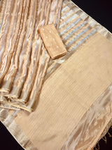 Statement Handmade Champagne Color Striped Banarasi Satin Tissue Silk Saree - Kaash