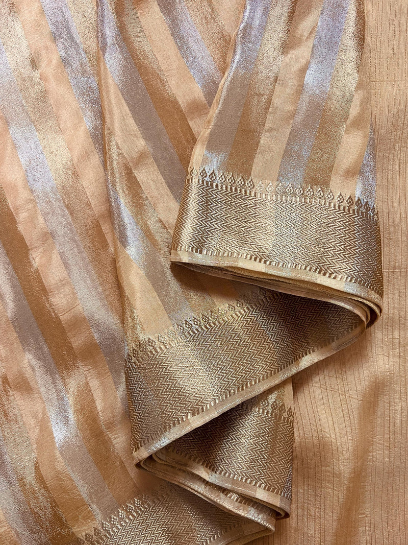 Statement Handmade Champagne Color Striped Banarasi Satin Tissue Silk Saree - Kaash