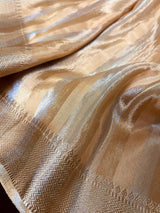 Statement Handmade Champagne Color Striped Banarasi Satin Tissue Silk Saree - Kaash