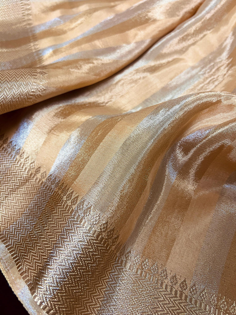 Statement Handmade Champagne Color Striped Banarasi Satin Tissue Silk Saree - Kaash