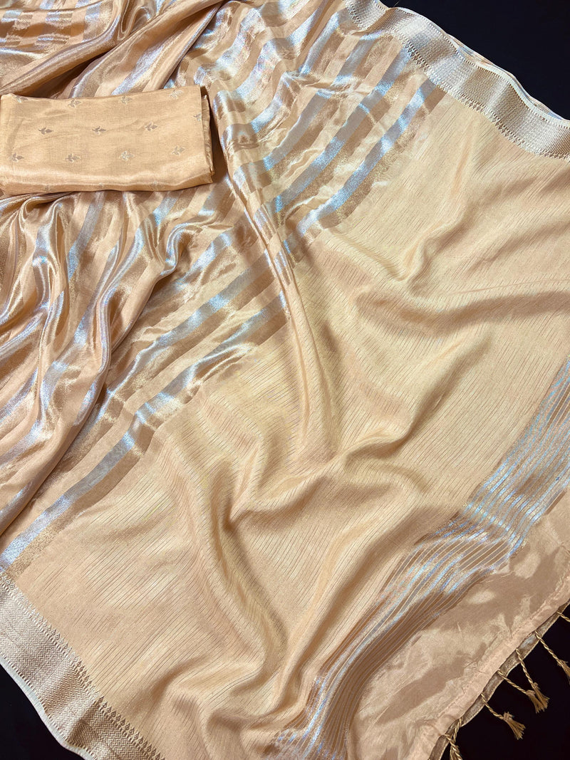 Statement Handmade Champagne Color Striped Banarasi Satin Tissue Silk Saree - Kaash
