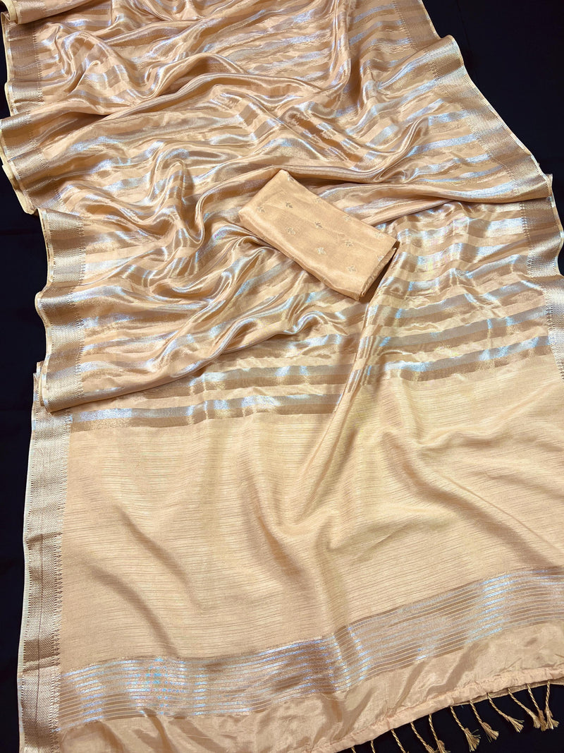 Statement Handmade Champagne Color Striped Banarasi Satin Tissue Silk Saree - Kaash