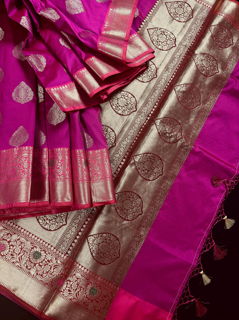 Statement Handmade Deep Magenta Pink Color Banarasi Semi Katan Silk Saree - Kaash