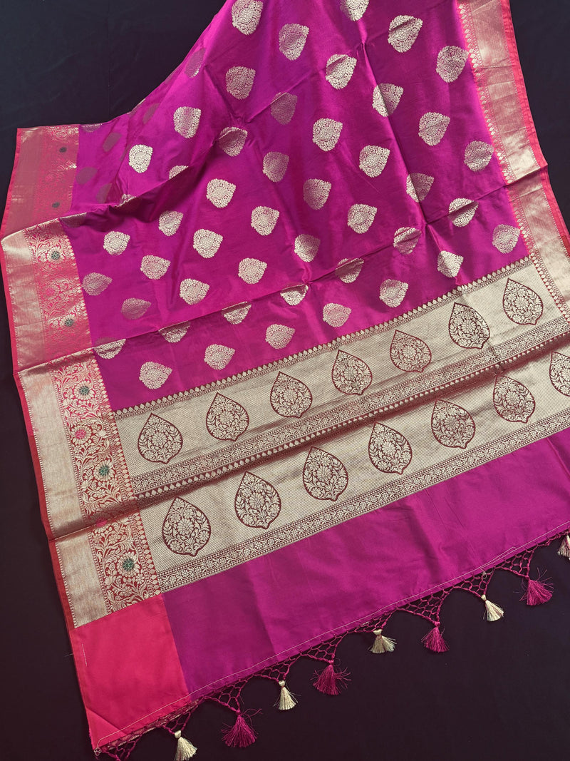 Statement Handmade Deep Magenta Pink Color Banarasi Semi Katan Silk Saree - Kaash