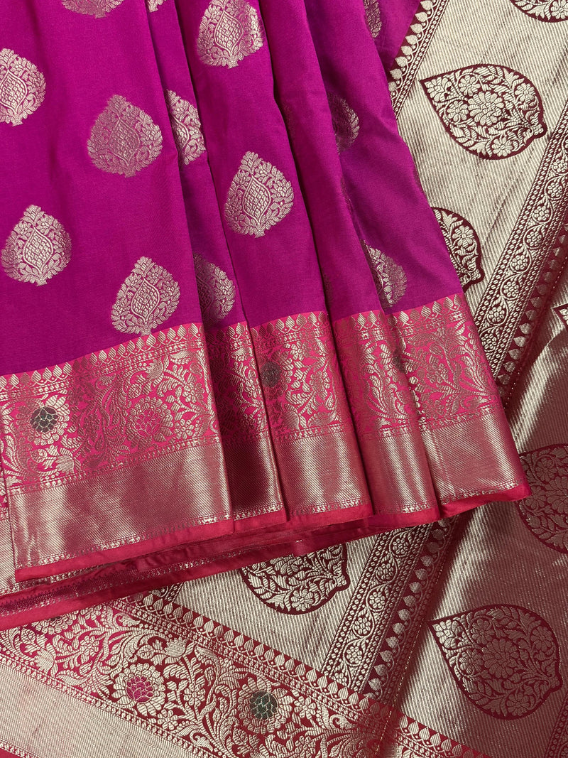 Statement Handmade Deep Magenta Pink Color Banarasi Semi Katan Silk Saree - Kaash