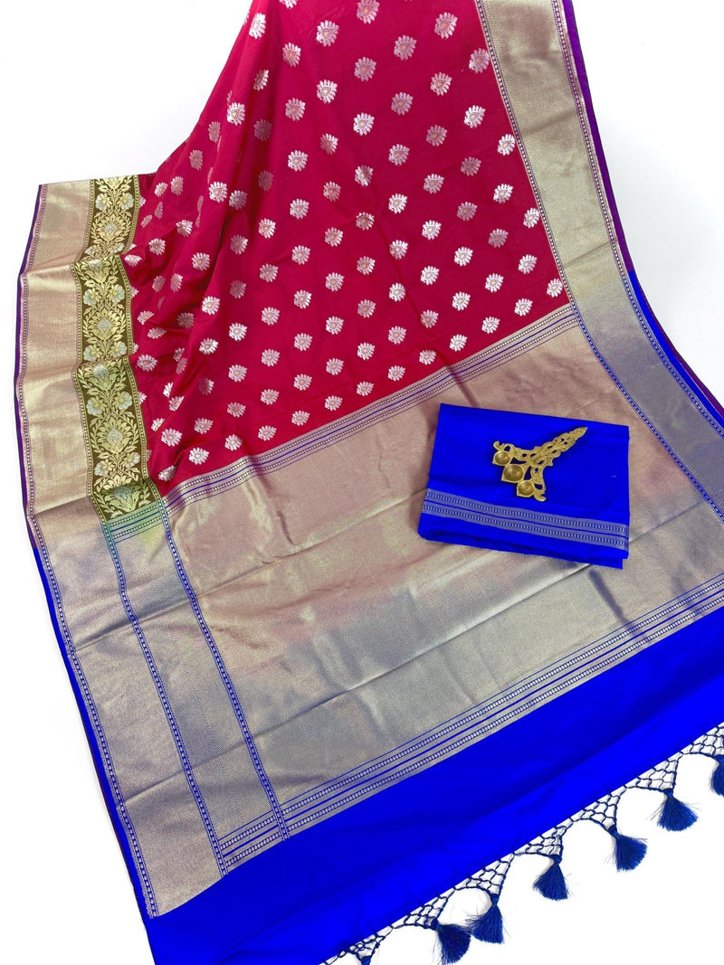 Statement Handmade Deep Magenta Pink Color Banarasi Soft Silk Handloom Saree with Green, Purple and Blue Border and Pallu - Kaash