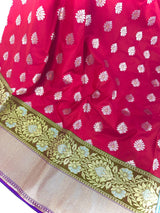Statement Handmade Deep Magenta Pink Color Banarasi Soft Silk Handloom Saree with Green, Purple and Blue Border and Pallu - Kaash