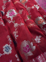 Deep Red with Pink Border Banarasi saree in banarasi semi katan silk with meenakari with muted gold zari floral jaal — Kaash Collection