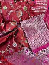 Deep Red with Pink Border Banarasi saree in banarasi semi katan silk with meenakari with muted gold zari floral jaal — Kaash Collection