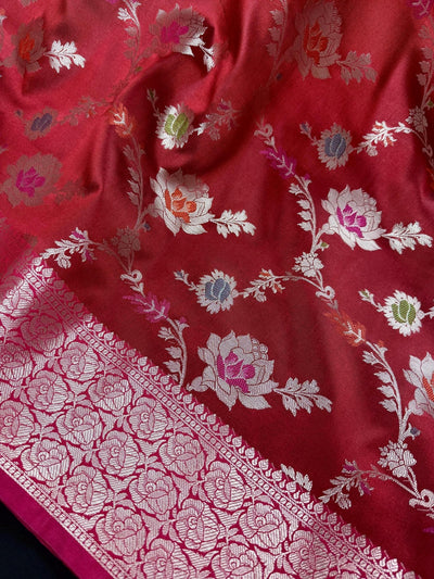 Deep Red with Pink Border Banarasi saree in banarasi semi katan silk with meenakari with muted gold zari floral jaal — Kaash Collection