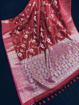 Deep Red with Pink Border Banarasi saree in banarasi semi katan silk with meenakari with muted gold zari floral jaal — Kaash Collection
