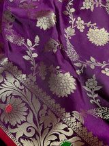 Eggplant Purple Banarasi saree in banarasi semi katan silk with jaal weave on soft semi katan — Kaash Collection