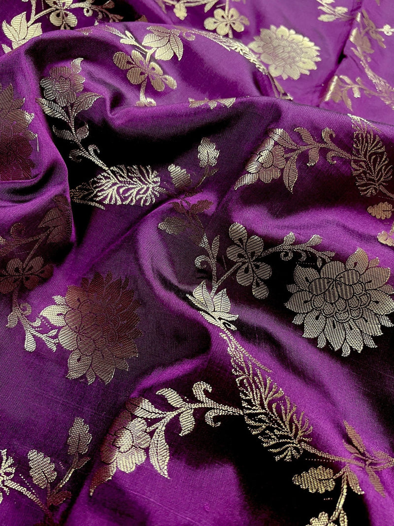 Eggplant Purple Banarasi saree in banarasi semi katan silk with jaal weave on soft semi katan — Kaash Collection