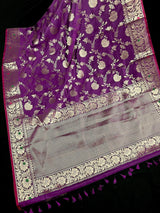 Eggplant Purple Banarasi saree in banarasi semi katan silk with jaal weave on soft semi katan — Kaash Collection