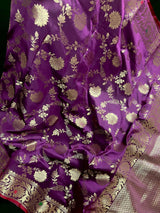 Eggplant Purple Banarasi saree in banarasi semi katan silk with jaal weave on soft semi katan — Kaash Collection