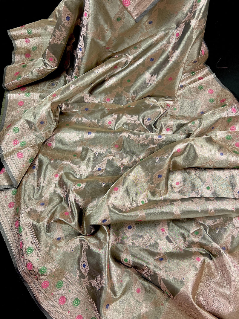 Statement Handmade English Gray Banarasi Organza Tissue Silk Saree with Meenakari and Jaal Pattern - Kaash