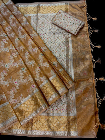 Statement Handmade Gold Banarasi Tissue Silk Saree with Floral Jaal, Sliver and Gold Zari Weave with Meenakari - Kaash