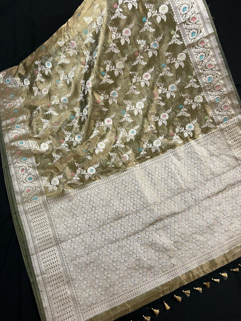 Green Organza Banarasi saree in banarasi organza tissue silk with meenakari floral on organza tissue — Kaash Collection