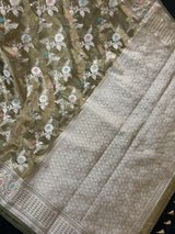 Green Organza Banarasi saree in banarasi organza tissue silk with meenakari floral on organza tissue — Kaash Collection
