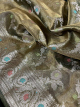 Green Organza Banarasi saree in banarasi organza tissue silk with meenakari floral on organza tissue — Kaash Collection
