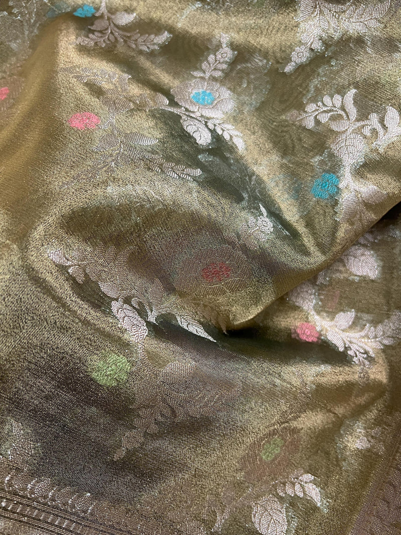 Statement Handmade Green Color Banarasi Organza Tissue Silk Saree with Meenakari - Kaash
