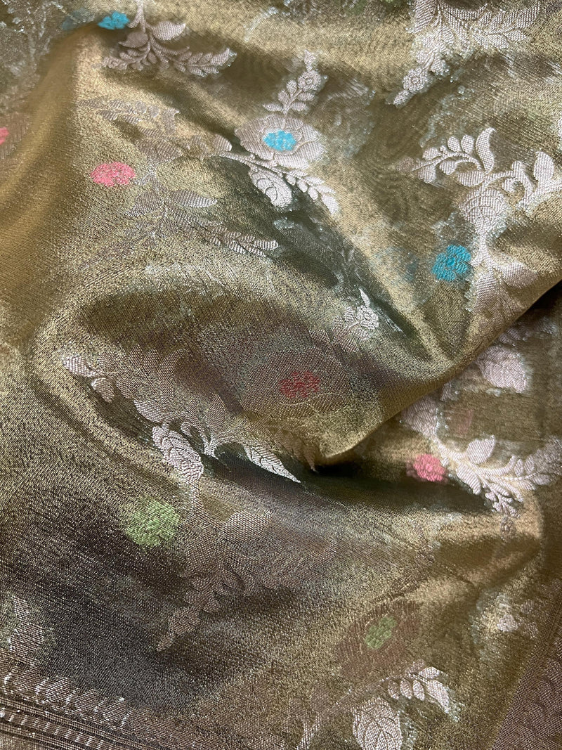 Statement Handmade Green Color Banarasi Organza Tissue Silk Saree with Meenakari - Kaash