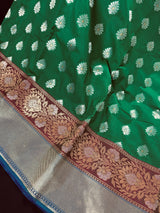 Green with Blue Pallu Banarasi saree in banarasi soft silk with silver & gold buttis with wide border — Kaash Collection