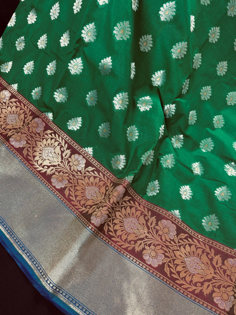 Green with Blue Pallu Banarasi saree in banarasi soft silk with silver & gold buttis with wide border — Kaash Collection